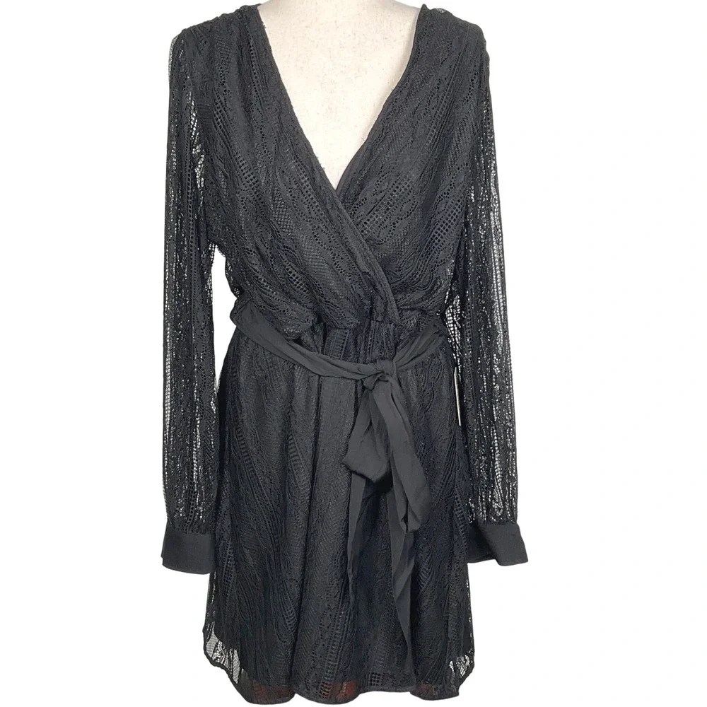 Express Dress Women XL Black Lace Long Sleeve Wrap Tie Sheer Party Elegant - Picture 1 of 13